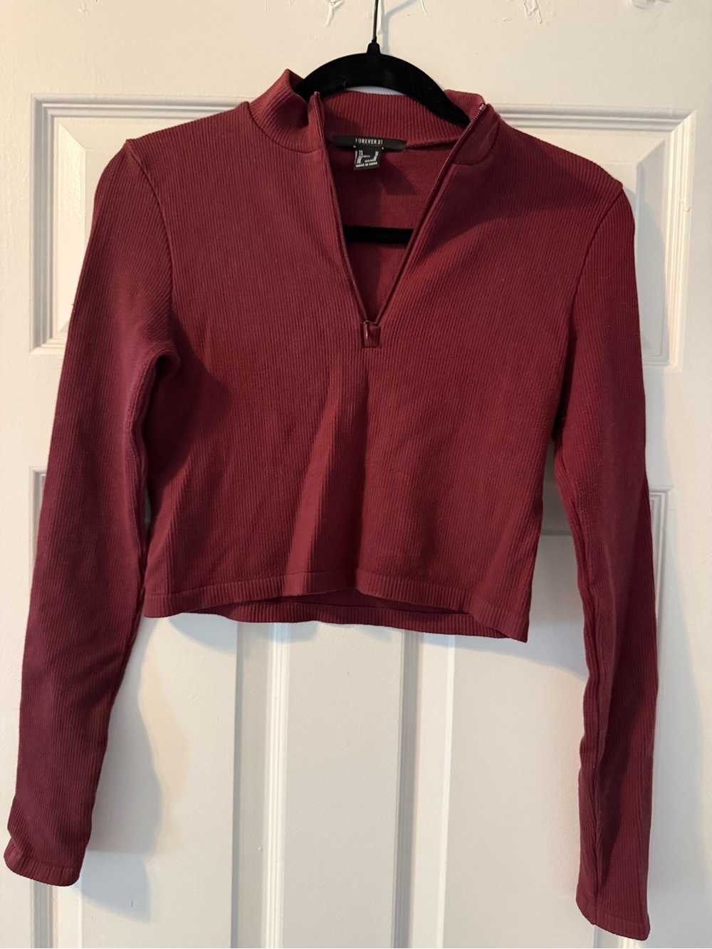 Forever 21 Burgundy Ribbed Cropped Half-Zip Top
